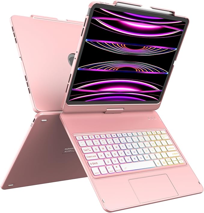 HOTLIFE Keyboard Case for iPad Air 13 inch (M4/M3/M2, 2026/2025/2024), Multi-Touch Trackpad Backlit Keyboard for iPad Pro 12.9 (6th, 5th, 4th, 3rd Gen)-360° Protective Case with Pencil Holder (Pink)