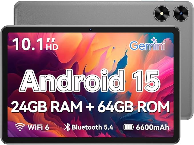 Tablet 10.1 inch, Android 15 Tablet with Case, 24GB RAM + 64GB ROM 1 TB Expandable, 1280x800 HD IPS Touch Screen, 8H Battery, WiFi 6, BT 5.4, Dual Camera (Gray)
