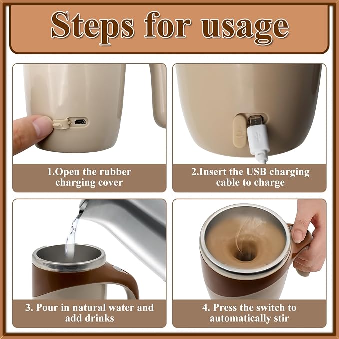 Self Stirring Coffee Mug, Rechargeable Automatic Stirring Mixing Mug, Electric Funny Self Mixing Cup, Stainless Steel Travel Coffee Cup for Office, Home, Kitchen (Brown)
