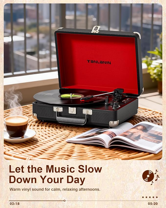 TANALNIN Vinyl Record Player, 3-Speed Bluetooth Portable Suitcase Turntable with Built-in Speakers, USB Recording, RCA Output, AUX Input/Output, Vintage Vinyl Player for Home, Bedroom or Gifting,Black