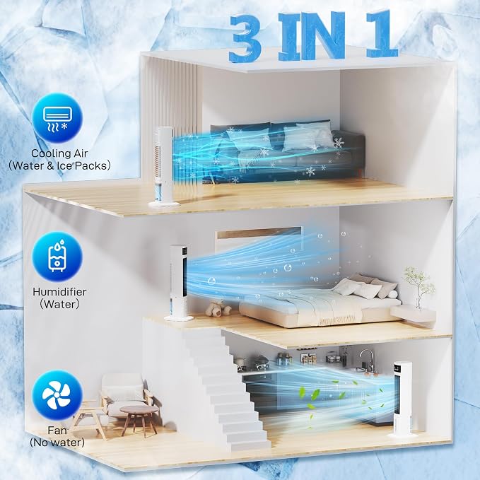 Evaporative Air Cooler, 3-in-1 Portable Air Conditioners for Room, 4 Modes 3 Speeds, Fast Cooling Portable AC Unit/24H Timer, Remote Oscillating Tower Fan, Quiet Swamp Cooler for Bedroom Office