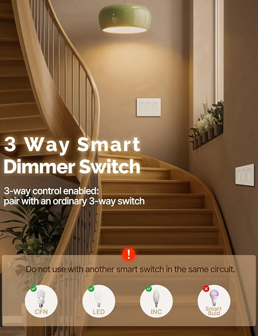 MOES 3 Way Smart Star Ring Dimmer Switch, 2.4GHz WiFi Dimmable Light Switch,Neutral Wire Required, Smart Life APP Remote Control, Works with Alexa & Google Assistant, Timer & Schedule White 3 Gang