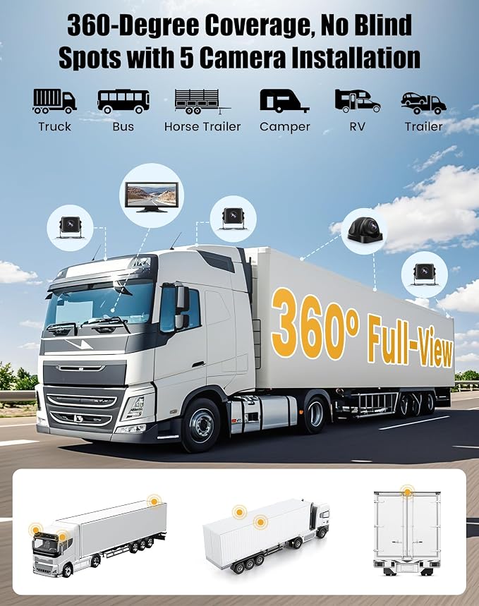 5 Channel Backup Camera System for Truck & RV – 10.36” IPS Touch Screen Monitor with 5 1080P HD Cameras, Smart BSD Alert, DVR Loop Recording, IP69 Waterproof Dash Cam for Semi Truck, Trailer, Van