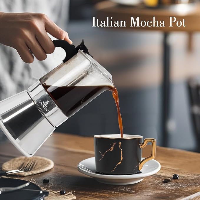 LAOION Stovetop Espresso Maker, 9Cup 360ml Moka Pot, Crystal Glass-top & Stainless Steel Coffee Maker Mocha Pot, Greca De Cafe, Cuban and Italian Coffee Maker for Cafetera Cubana