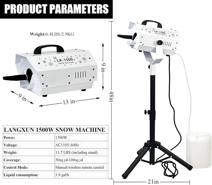 LANGXUN 1500W Snow Machine with Manual & Wireless Remote Control | Large Output Snowmaking Machine for Indoor & Outdoors | Adjustable Snowflake Size | Perfect for Christmas, Weddings, and Parties