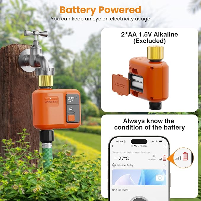 WiFi Water Timer for Garden Hose, Smart Sprinkler Timer with 984ft Long Range, Strong Wall Penetration, APP & Remote Control, Voice Control, Rain Delay, Manual Mode, Watering System (1 Outlet)