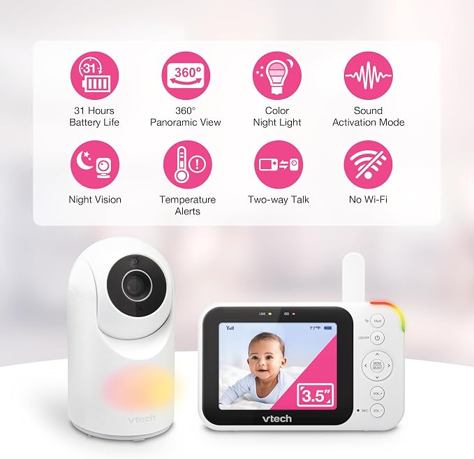 VTech Video Baby Monitor with Camera and Audio, 3.5" LCD Screen, Pan-Tilt-Zoom, 2-Way Talk, VOX Mode, Night Light, Lullabies, Soothing Sounds, Temperature Sensor, Long Range, No WiFi: VM4263 (White)