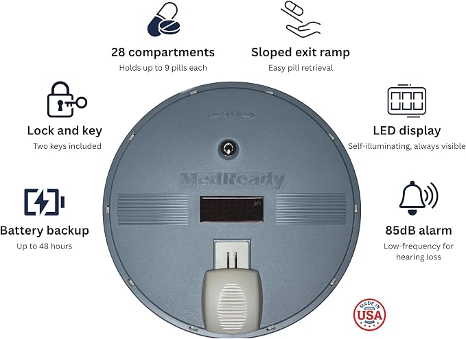 28-Day Automatic Pill Dispenser (1700FL) — Locked Medication Organizer with Sound & Flashing Light Alarm for Elderly & Hearing Impaired, Battery Backup, Made in USA