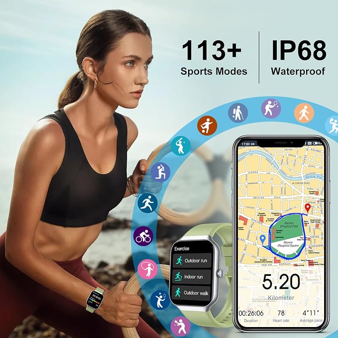 Smart Watch for Men Women (Answer/Make Call), 1.96" HD Smartwatch with Heart Rate/Sleep Monitor/Pedometer/Calories, 113+ Sports Fitness Watch, IP68 Waterproof Activity Tracker for Android iOS-Green