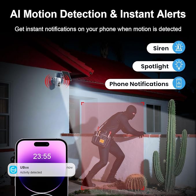 Solar Security Cameras Wireless Outdoor, Free Cloud Storage, WiFi Cameras for Home Security, 360° View Outdoor Camera Wireless, 2K Color Night Vision, AI Motion Detection, Instant Alert, 2-Way Audio