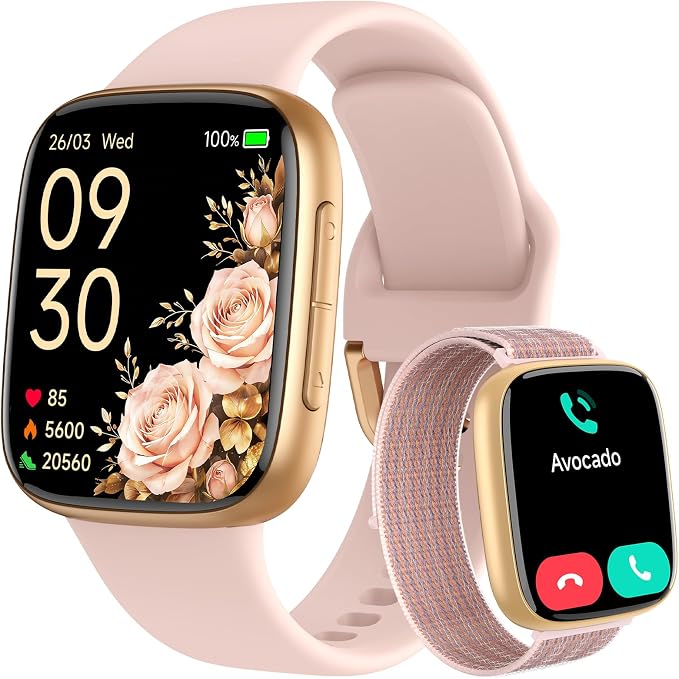 Smart Watch for Women, Answer/Make Call, 1.85" AMOLED Always-On Screen Smartwatch for iPhone & Android, 3ATM Waterproof Fitness Tracker with Heart Rate/Sleep/SpO2 Monitor, 120+ Sport Modes, 2 Bands