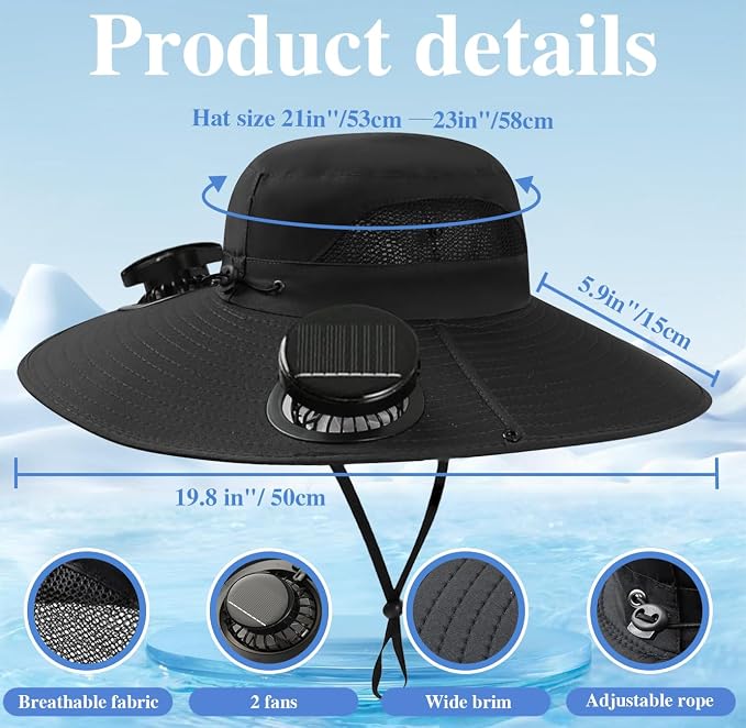 Solar Powered Fan Hat for Men Women - Wide Brim Cooling Hat with 2 USB/Solar Charging Fans, Solar Fan hat - UPF50+ Sun Hat