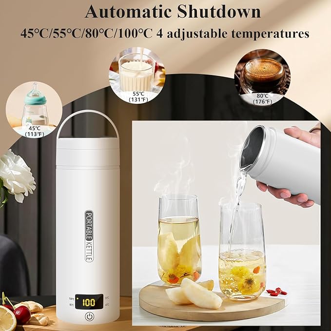 Electric Travel Kettle, Portable Tea Maker - 450ML Stainless Steel (White) with 4 Variable Presets