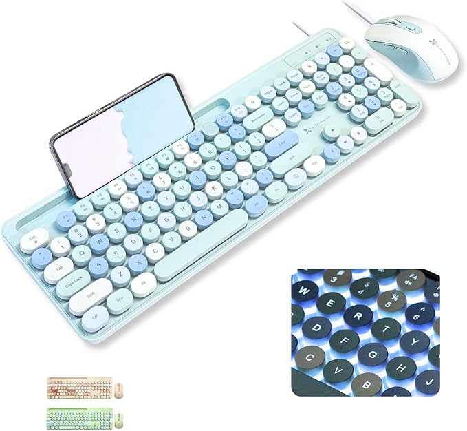 X9 Wired Keyboard and Mouse Combo with Backlight - Retro Typewriter Round Keycaps, Phone/Tablet Dock, 109 Fullsize Keys, Cute Colorful Blue Keyboard, Pastel Keyboard for Laptop, PC and Chromebook