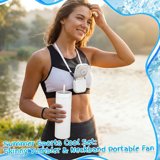 Reallnaive 6 Pcs Skinny Tumbler Bulk and Mini Portable Fans Set for Summer, 16 oz Plastic Cups with Lids Straws and Small USB Rechargeable Handheld Fan for Cooling Gift (White)