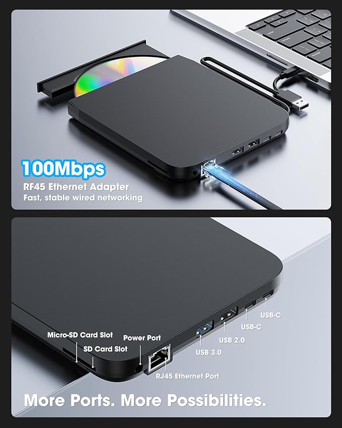 ROOFULL New USB 3.0 External CD DVD Drive with Ethernet Adapter, USB-A/C Ports, SD/TF Card Slot, Carrying Case, USB-C CD DVD Reader Burner Writer Player Optical Disc Drive for Windows & Mac Laptop PC