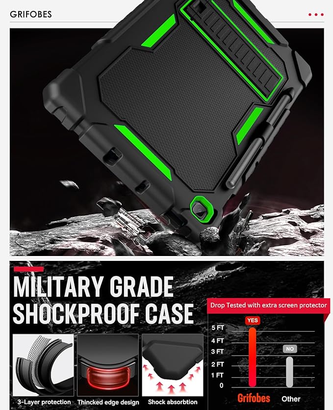 Grifobes Case for Samsung Galaxy Tab S6 Lite 10.4 inch 2024/2022/2020 with S Pen Holder, Heavy Duty Military Grade Shockproof Rugged Protective 10.4" Cover with Stand (Black+Green)