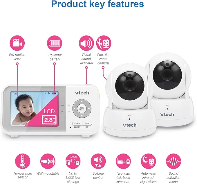 VTech Baby Monitor No WiFi, 2 Cameras & Remote Pan-Tilt-Zoom for Twins & Two Rooms – Hack-Proof, 19Hr Battery, 1000ft Range, Auto Night Vision, Temperature Sensor | VM923-2