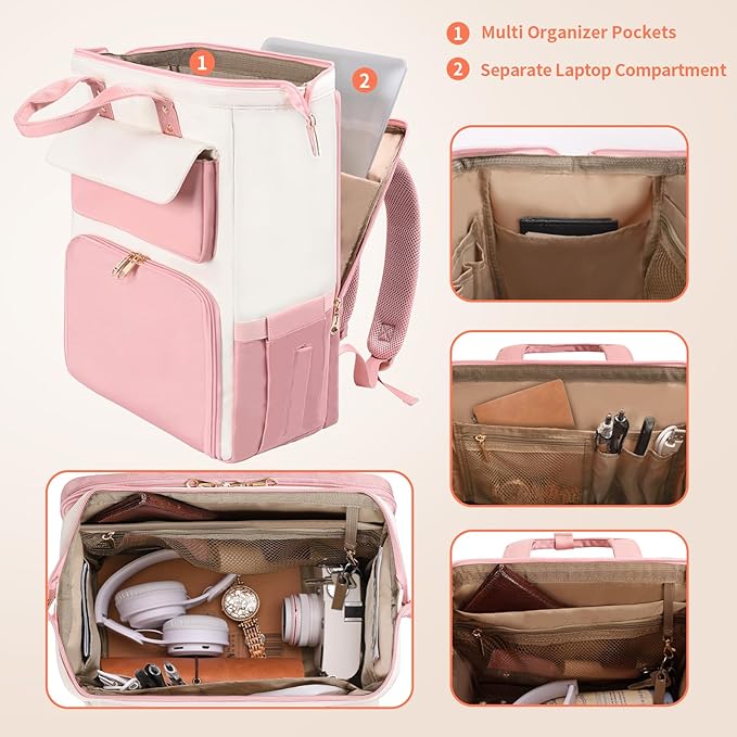BERTASCHE Lunch Backpack for Women, 15.6 Inch Laptop Backpack with Insulated Cooler Lunch box, Nurse Backpack for Teacher Work Travel College Picnic,Pink-Beige