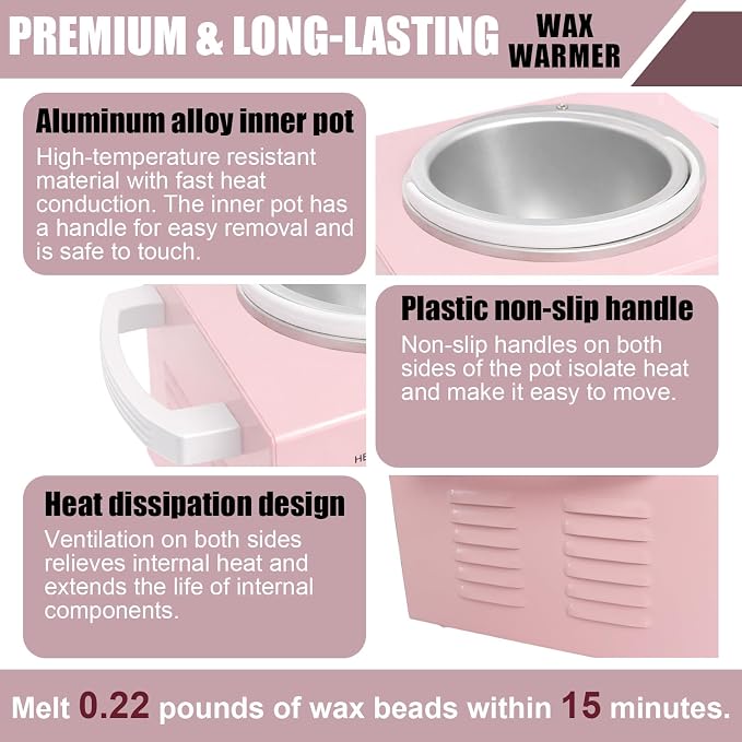 Electric Wax Warmer Machine for Body Hair Removal Hot SPA Aluminum Heater with Wooden Wax Sticks-Single Pot (Pink)