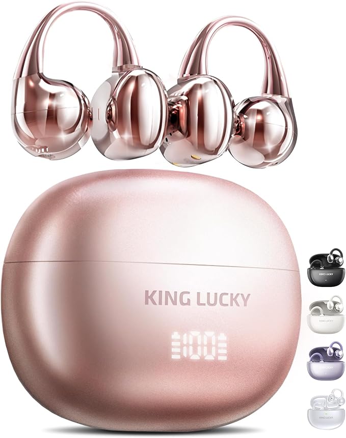 King Lucky Next-gen Clip on Earbuds Open Ear Wireless Bluetooth 6.0 Headphones with Mic,50H Play,ENC,IPX5 Waterproof,Sports Ear Buds,Comfortable for Small Ears&Fitness,Running (LED Display, Pink)
