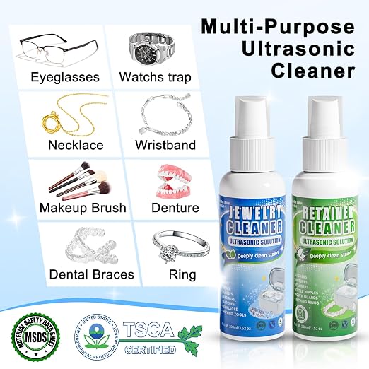 Ultrasonic Jewelry Cleaner, 45kHz Retainer Cleaner Machine for Ring, Silver, Glasses & Denture with 2x100ml Solution, 3 Power & 5 Timer, 304 Stainless Steel Tank, Sonic Cleaner for Home, Jewelry Store | 45kHz ultrasonic jewelry cleaner with 3 power lev...