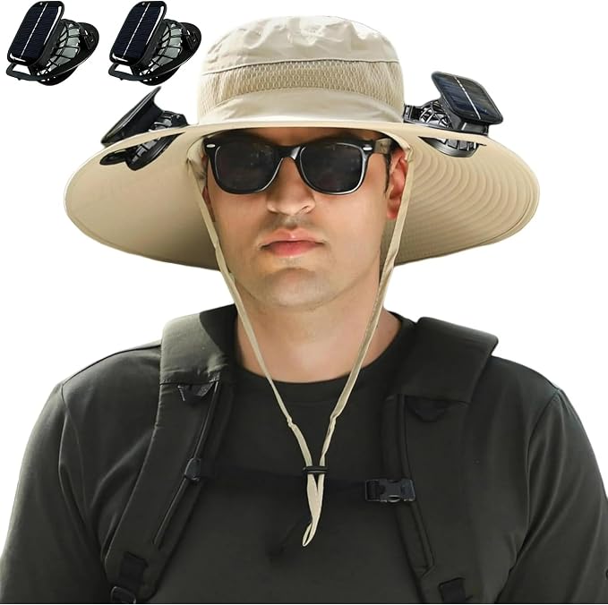Solar Powered Fan Hat for Men Women Wide Brim Hat with 2 Fans UPF 50+ Outdoor Fishing Beach Sun Hat