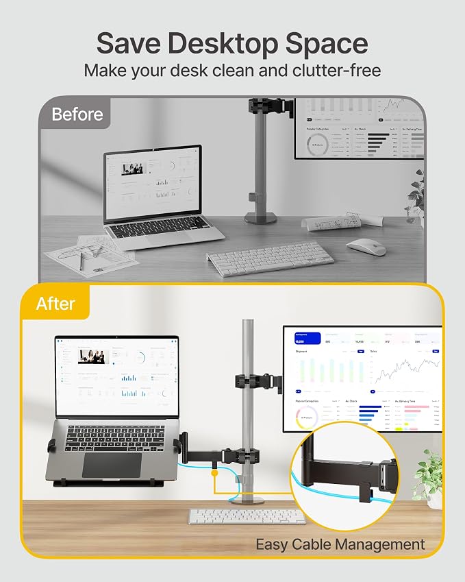 monTEK 2-in-1 Universal Laptop Pole Mount Tray for 10”- 15.6” Notebook or 17”-32” Monitor, Full Motion Laptop Mount with Removable 75/100mm VESA Plate, Fits 1.1”-2.4” Pole Diameter, Black