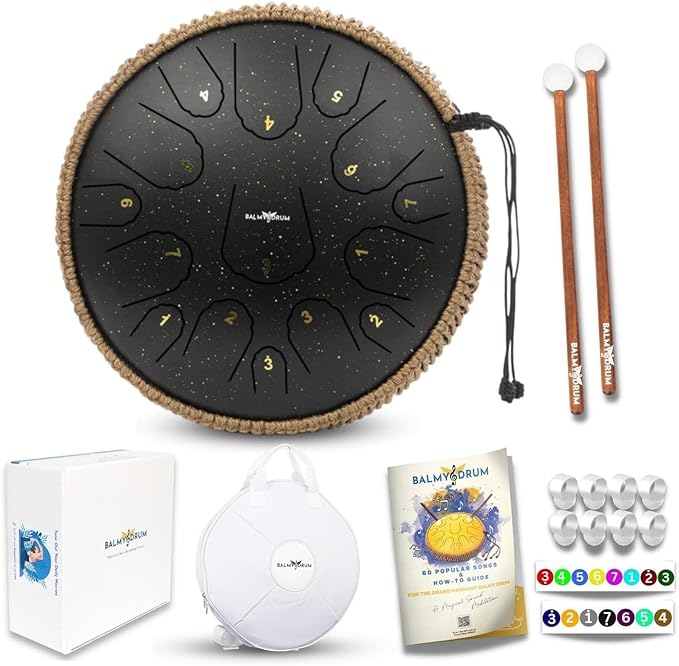 Balmy Drum Steel Tongue Drum 14 inch 15 Notes 440Hz, Handpan Drum with Music Book, Mallets, Carry Bag, Finger Picks, Rain Drum for Outdoor, Meditation Yoga Calming Instruments for Adults Kids (Black)