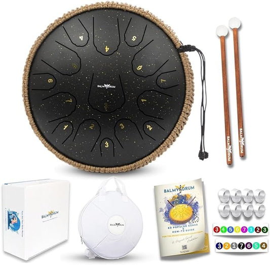 Balmy Drum Steel Tongue Drum 14 inch 15 Notes 440Hz, Handpan Drum with Music Book, Mallets, Carry Bag, Finger Picks, Rain Drum for Outdoor, Meditation Yoga Calming Instruments for Adults Kids (Black)