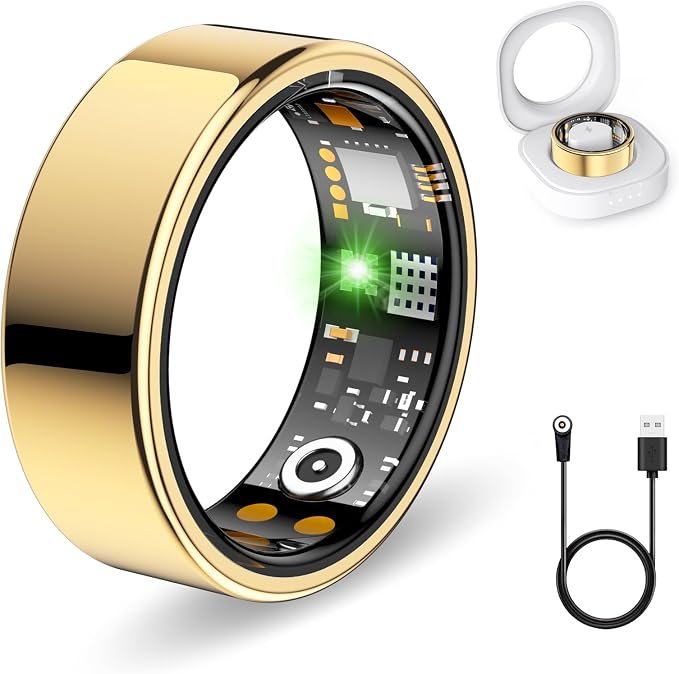FKGZJF Smart Rings for Women Men, Fitness Ring with Heart Rate, Blood Oxygen, HRV, Stress, Sleep Tracker, Step Tracker, No Subscription Fee, lP68 Waterproof Smart Ring for iPhone & Android (Gold, 6#)