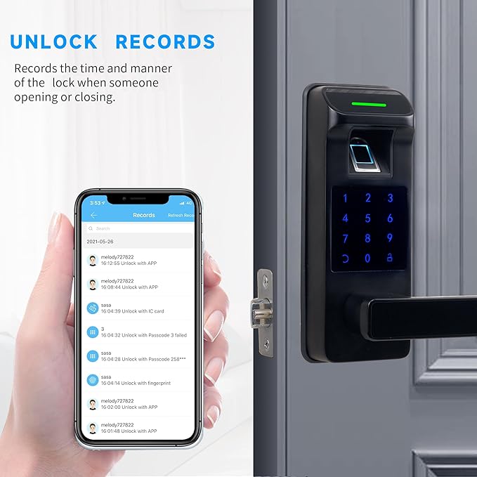 Fingerprint Door Lock, Heavy Duty Full APP Control Touchscreen Keypad Keyless Lock with Reversible Handle, Perfect for Home/Office/Bedroom Doors (Black)
