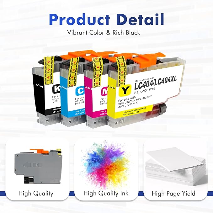 LC404 MFC-J1205W LC404XL Ink Cartridges for Brother Printer 404XL LC 404 XL for MFC-J1205W MFC-J1215W MFC J1205W J1215W - 4 Pack High Yields Black Cyan Magenta Yellow