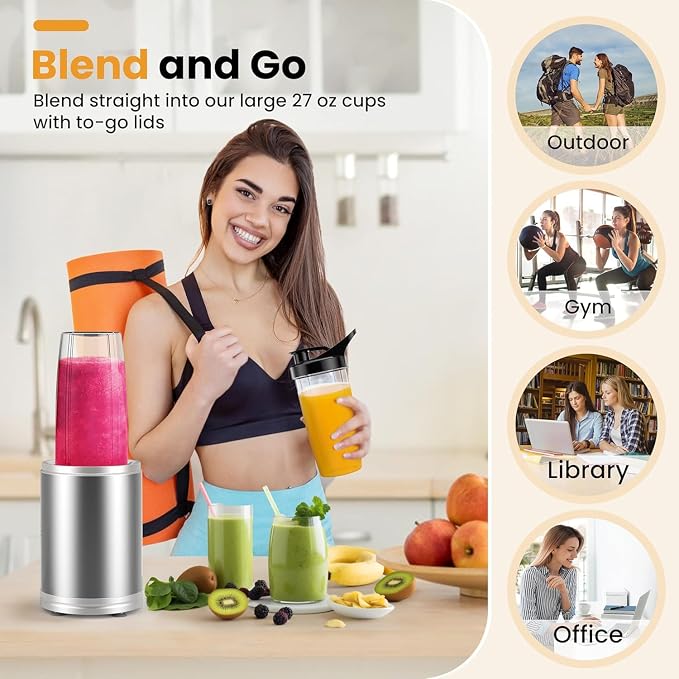 Smoothie Blender 1300W Blenders for Kitchen Portable Personal Blender for Shakes and Smoothies with 2 * 27Oz To-Go Cups & Lids Ice Crushing Smoothies Maker&Frozen Drinks Countertop Mixer Large