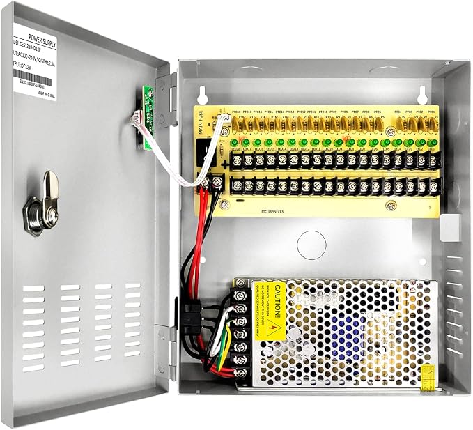 18 Channel 12 Volt DC Output 10A CCTV Distributed Power Supply Box for Security Camera with AC Plug and Lock for Security Cameras, DVRs, CCTV Power Supply (10A 18-Channel)