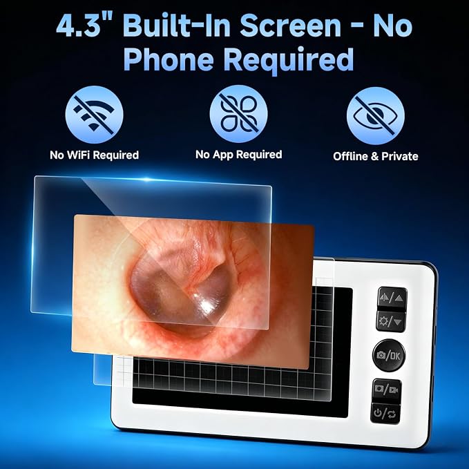 AURTEC Digital Otoscope Ear Camera with 4.3" IPS 1080P HD Screen, Ear Wax Cleaner, 2500mAh Rechargeable Battery, Dual Mode (Built-in Screen & Phone Connection), 6 LED Lights and Soft Silicone Tips
