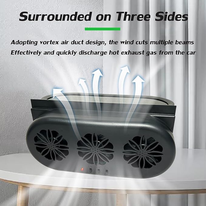 Solar-Powered Exhaust Fan for Car Windows - Vehicle Ventilation with 3 Air Outlets (Black)