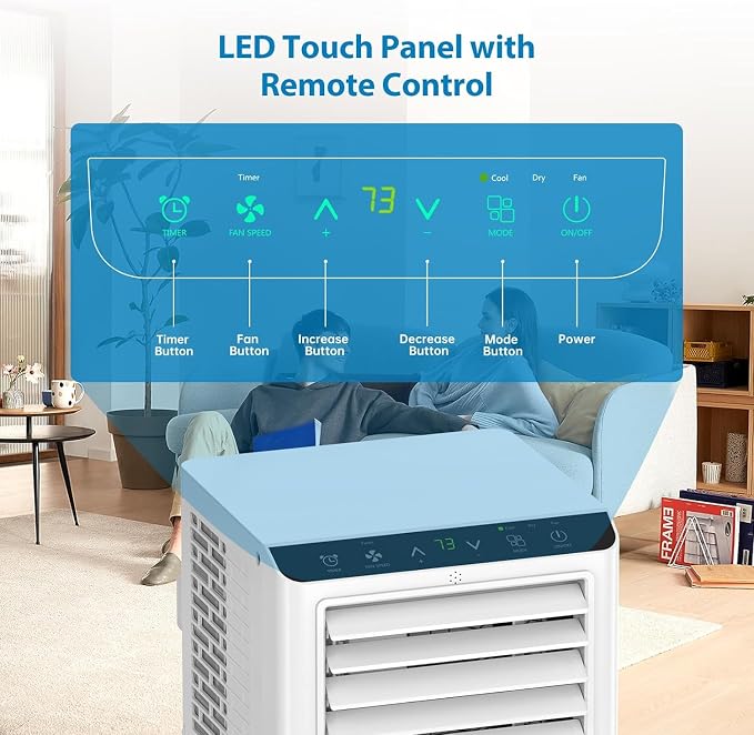 8000Btus Portable Air Conditioner 3-in-1 with Remote Control and LED Display - Cools Up to 350 Sq. Ft., Includes Dehumidifier, Fan, Sleep Mode, Energy Efficient, and Easy Installation Kit