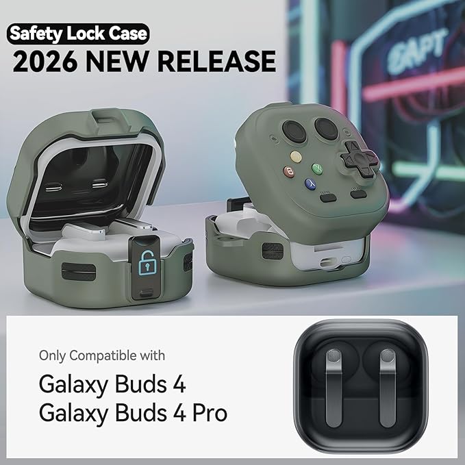 for Galaxy Buds 4 Pro Case and Buds 4 Case Cover, Secure Lock Case for Samsung Galaxy Buds 4 Pro 2026, Funny Game Hard Shell Cover with Cleaner Kit and Keychain for Men Boy Women, Gray-Green