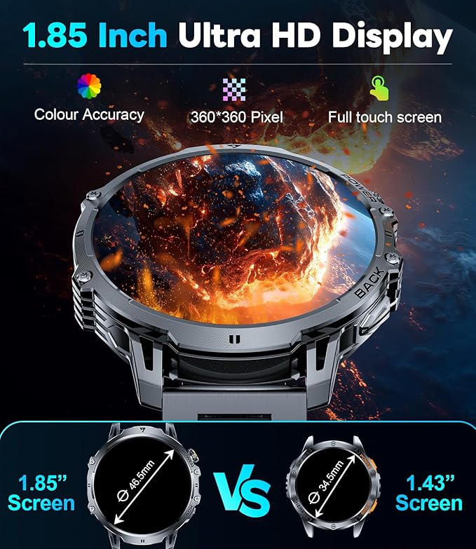 LIGE Military Smart Watches for Men(2 Bands),1000mAh/1.85" HD Large Screen Smartwatch, Flashlight/110+ Sports Modes/IP68 Waterproof/Sleep Monitor, Fitness Tracker Watch for Android iOS,Matte Black