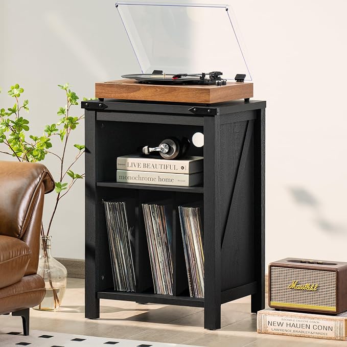 Joaxswe Record Player Stand with Vinyl Record Storage,Black Record Player Table Holds up to 160 Albums,Large Wood Turntable Stand Cabinet Dispaly Shelf for Living Room,Bedroom,Office