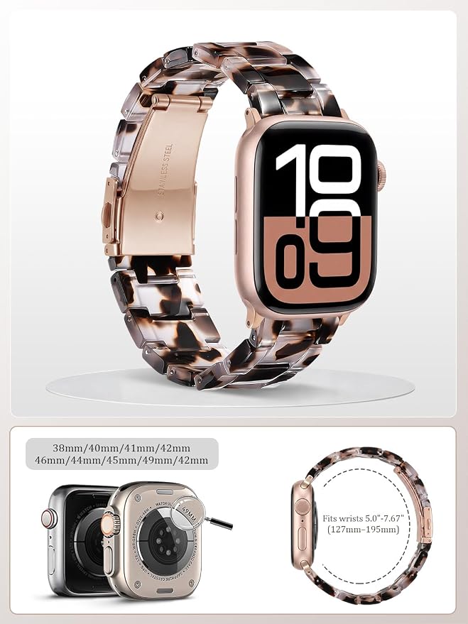 V-MORO Resin Strap Compatible with Apple Watch Band 45/46mm Series 11/10/9/8/7/6/5/4/3/2/1/SE/Ultra Fashion Lightweight Strap Bracelet with Rose Gold Buckle Wristband (Clear Tortoise,42/44/45/46/49mm)