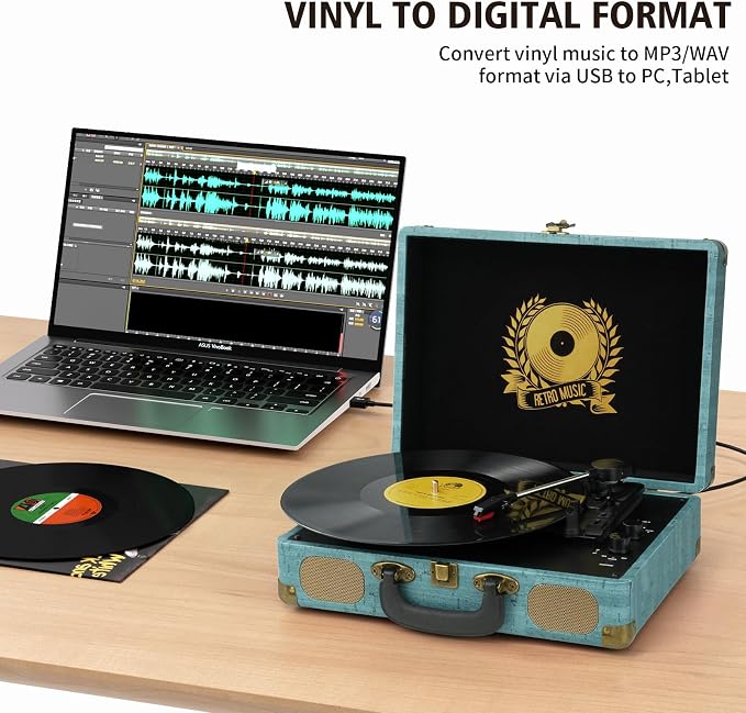Vinyl Record Player 3-Speed Bluetooth Suitcase Portable Belt-Driven, Supports Bluetooth, RCA Output, 3.5mm aux-in and Headphone Jack and MP3, Mobile Phones Music Playback