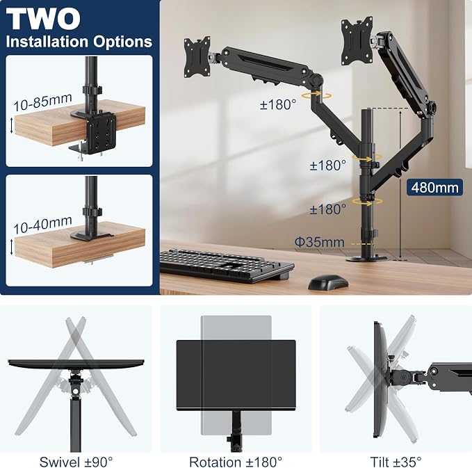 Dual Monitor Mount for 17 to 40 inches, Holds up to 26.4 lbs, Monitor Desk Arms for 2 Monitors Vertical/Parallel Placement, with Clamp/Grommet Base, VESA Mount 75/100 mm