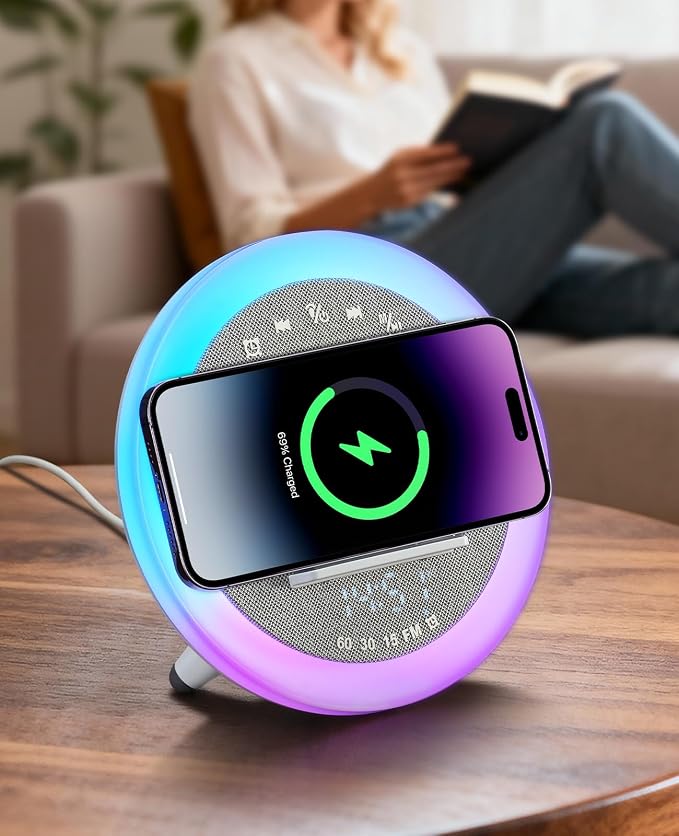 Alarm Clocks with 15W Wireless Charger, Bluetooth Desk Digital Speaker, Modern RGB Night Light Lamp with White Noise Sound for Teen Kids Girl Birthday