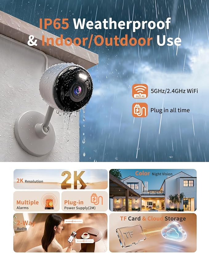 2K Cameras for Home Security, 5G & 2.4G WiFi Security Camera Indoor Outdoor for Baby Pet Dog Cat Nanny, 2-Way Audio, Color Night Vision, Siren, 24/7 Local Recording, IP65, Compatible with Alexa