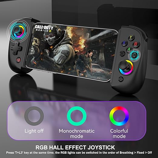 arVin Mobile Gaming Controller for iPad/Tablet[Within 5-10"] Wireless Gamepad for iPhone/Android/PC/Switch/PS4, with RGB Hall Effect Joystick/Turbo/6-Axis Gyro/Vibration/Support Streaming/Cloud Gaming
