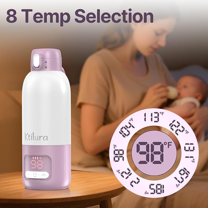 Portable Bottle Warmer for Travel,17 Oz Milk Warmer for Breast Milk/Formula/Water,2 Mins Fast Heating, Built-in Sterilizer, Fast Charge, 8-Temp Control, Precise Temp Control (98°F-212°F)