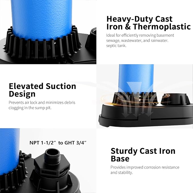 FOTING 3/4HP Submersible Sump Pump,4500 GPH Cast Iron Sewage/Effluent Pump,Automatic Tethered Float Switch,Septic Pump for Basement,Septic Tank,Basin,Sewage Well,1-1/2" NPT Discharge, Blue
