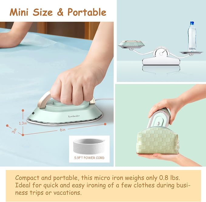 Newbealer Travel Iron bundle with Affordable Steamer for Clothes, Dry Iron and Powerful Steamer, Portable for Travel and Home Use